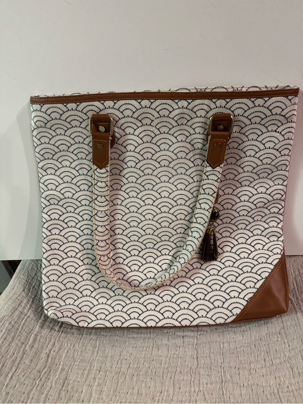 Canvas Patterned Tote Bag with Brown Leather Trim